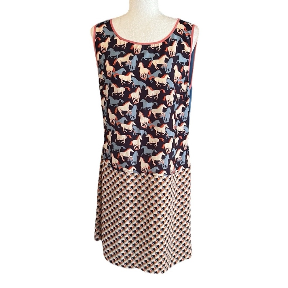 Pink Martini Blue Orange Horse Geometric Print Sleeveless Shift Mini Dress - L